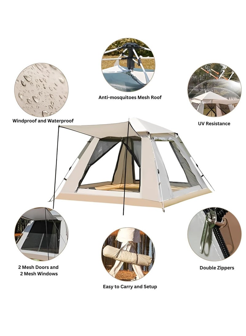 Automatic Camping Tent 4-5 Persons (210x210x140) CM,Instant Automatic Pop Up Dome Tent,Portable Windproof Lightweight for Family Backpacking Hunting Hiking Outdoor Beach and Picnic Tent-Beige