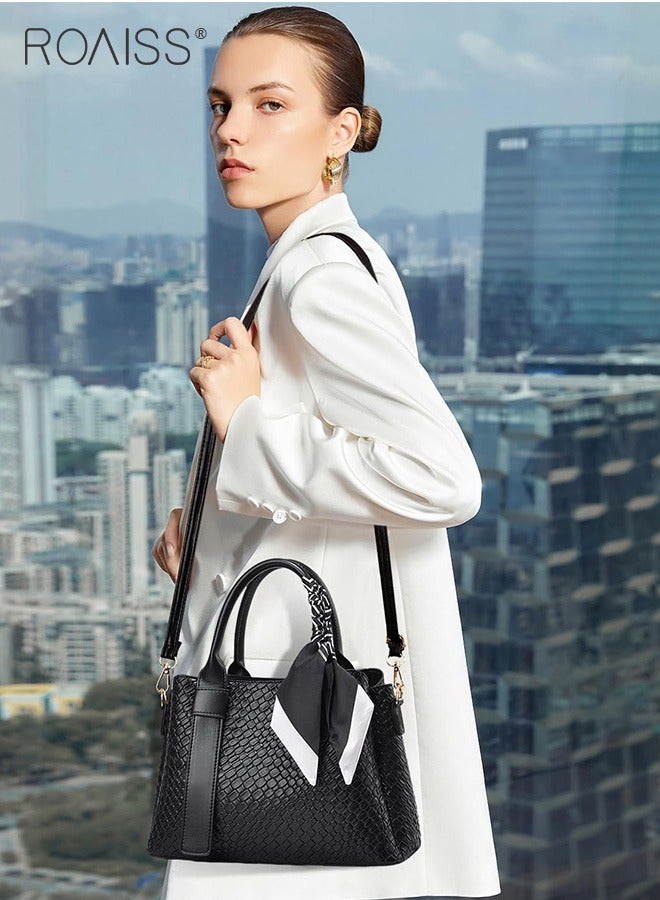 Pu Leather Large Capacity Tote Bag Women'S Business Fashion Crossbody Bag Silk Scarf Decorated Adjustable Shoulder Strap Handbag