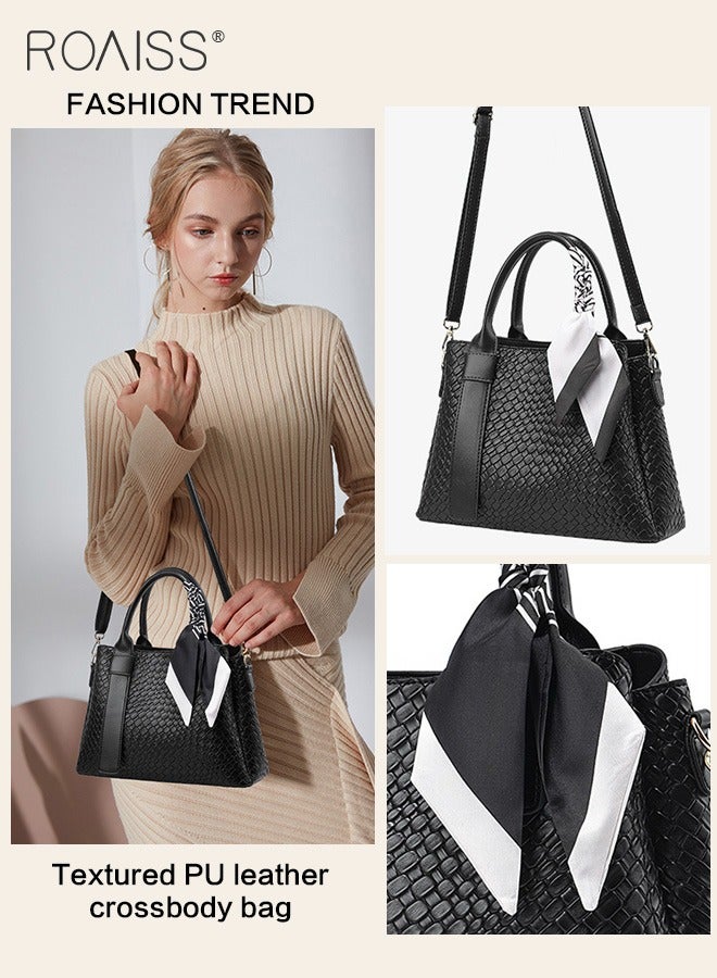 Pu Leather Large Capacity Tote Bag Women'S Business Fashion Crossbody Bag Silk Scarf Decorated Adjustable Shoulder Strap Handbag