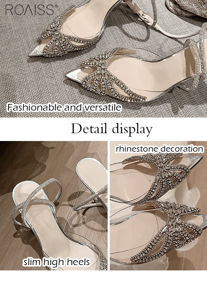 Fashionable Rhinestone Pointed Toe Sandals For Women'S Daily Commuting Banquet Pvc Bow Shape Decorative Adjustable Stiletto Heel Strap Sandals