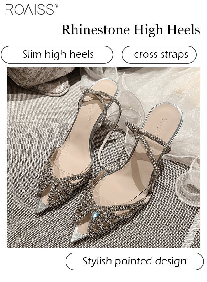 Fashionable Rhinestone Pointed Toe Sandals For Women'S Daily Commuting Banquet Pvc Bow Shape Decorative Adjustable Stiletto Heel Strap Sandals