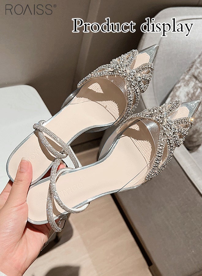 Fashionable Rhinestone Pointed Toe Sandals For Women'S Daily Commuting Banquet Pvc Bow Shape Decorative Adjustable Stiletto Heel Strap Sandals