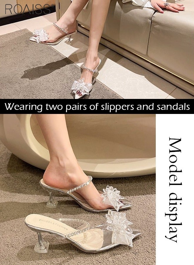 Fashion Pointed Toe Sandals For Women'S Daily Commuting Banquet Rhinestone Pvc Stitching Bow Shape Decorative High-Heeled Slippers