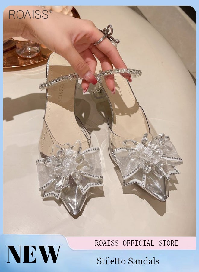 Fashion Pointed Toe Sandals For Women'S Daily Commuting Banquet Rhinestone Pvc Stitching Bow Shape Decorative High-Heeled Slippers