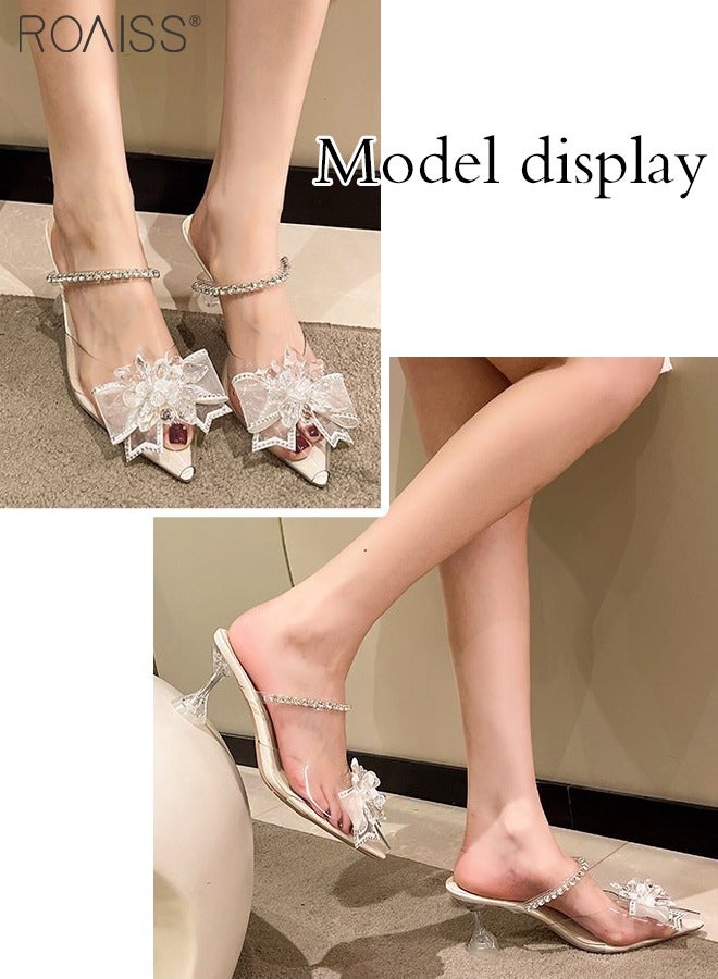 Fashion Pointed Toe Sandals For Women'S Daily Commuting Banquet Rhinestone Pvc Stitching Bow Shape Decorative High-Heeled Slippers