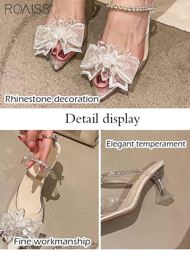 Fashion Pointed Toe Sandals For Women'S Daily Commuting Banquet Rhinestone Pvc Stitching Bow Shape Decorative High-Heeled Slippers