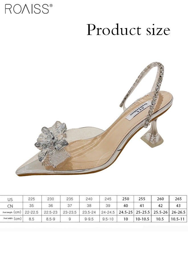 Fashion Pointed Toe Sandals For Women'S Daily Commuting Banquet Rhinestone Pvc Stitching Bow Shape Decorative High-Heeled Slippers