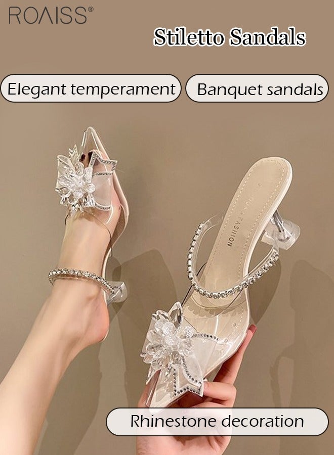 Fashion Pointed Toe Sandals For Women'S Daily Commuting Banquet Rhinestone Pvc Stitching Bow Shape Decorative High-Heeled Slippers