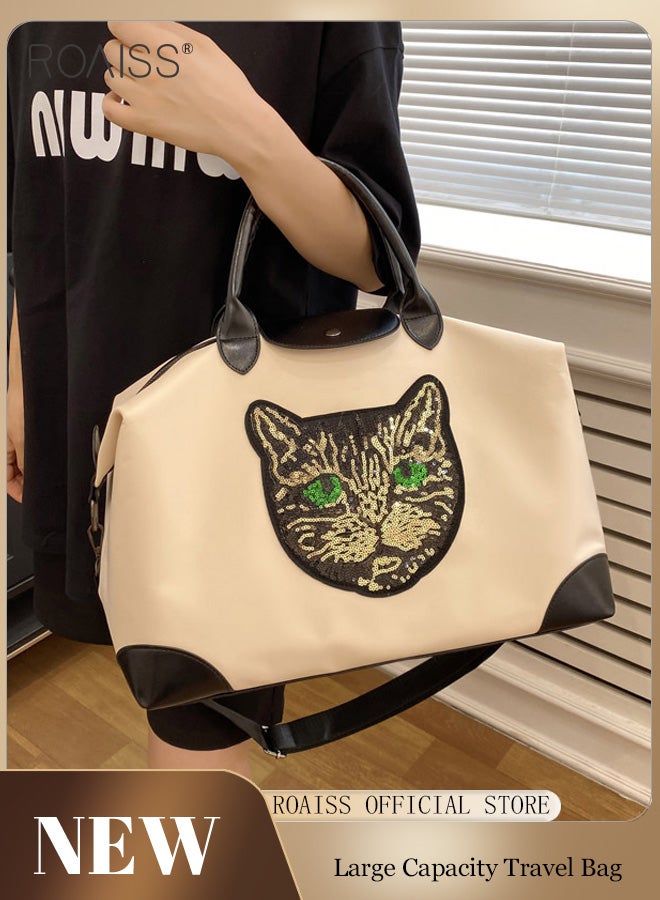 Large-Capacity Contrasting Color Travel Handbag Sequined Cat Decoration Adjustable Removable Fitness Bag Short-Distance Business Trip Duffel Bag