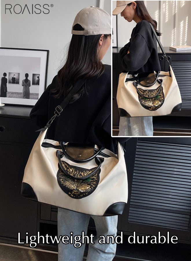 Large-Capacity Contrasting Color Travel Handbag Sequined Cat Decoration Adjustable Removable Fitness Bag Short-Distance Business Trip Duffel Bag