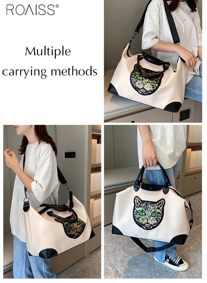 Large-Capacity Contrasting Color Travel Handbag Sequined Cat Decoration Adjustable Removable Fitness Bag Short-Distance Business Trip Duffel Bag