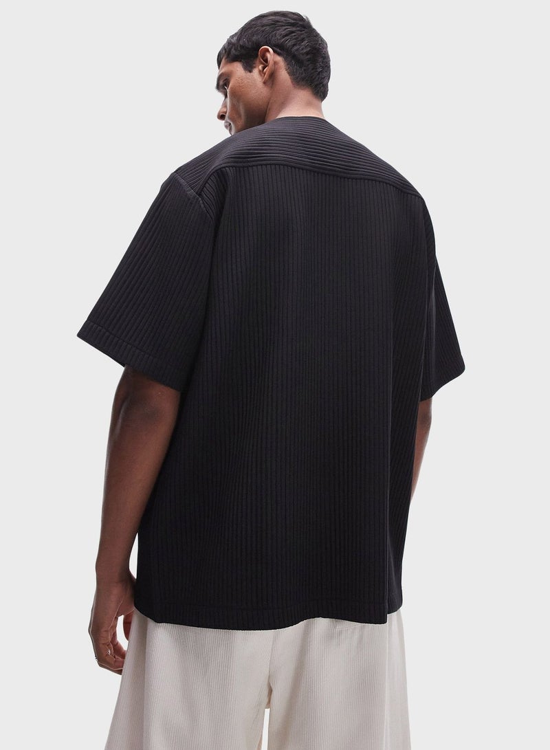 Topman Short Sleeve Plisse Baseball Shirt In Black