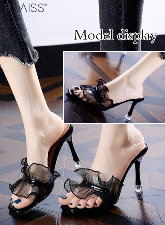 Lace Mesh Open Toe Slippers Women'S Daily Commuting Banquet Square Toe Design Stiletto Heel Summer Sandals