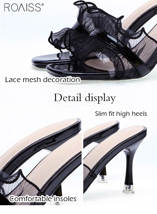 Lace Mesh Open Toe Slippers Women'S Daily Commuting Banquet Square Toe Design Stiletto Heel Summer Sandals