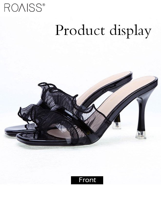 Lace Mesh Open Toe Slippers Women'S Daily Commuting Banquet Square Toe Design Stiletto Heel Summer Sandals