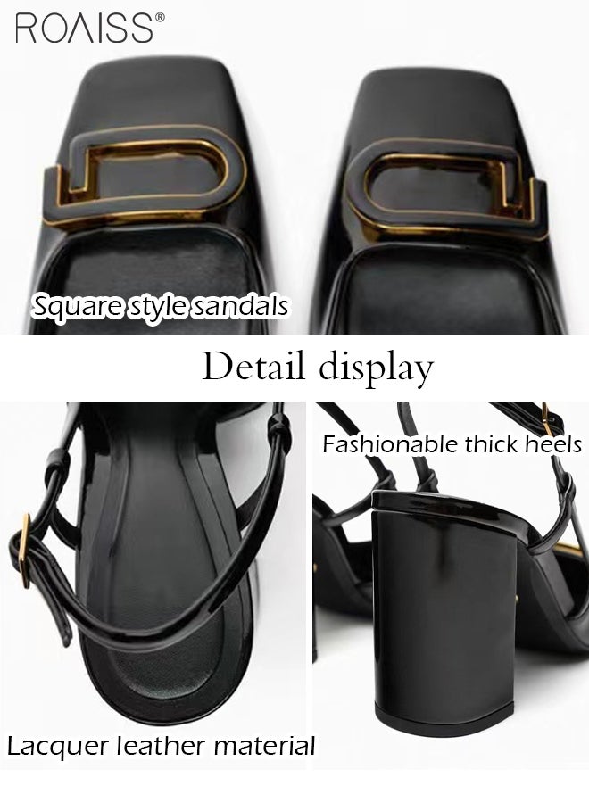 Fashionable Patent Leather Thick Heel High Heels Women'S Daily Commuting Slingback Square Toe Design Summer Thick Heel Sandals