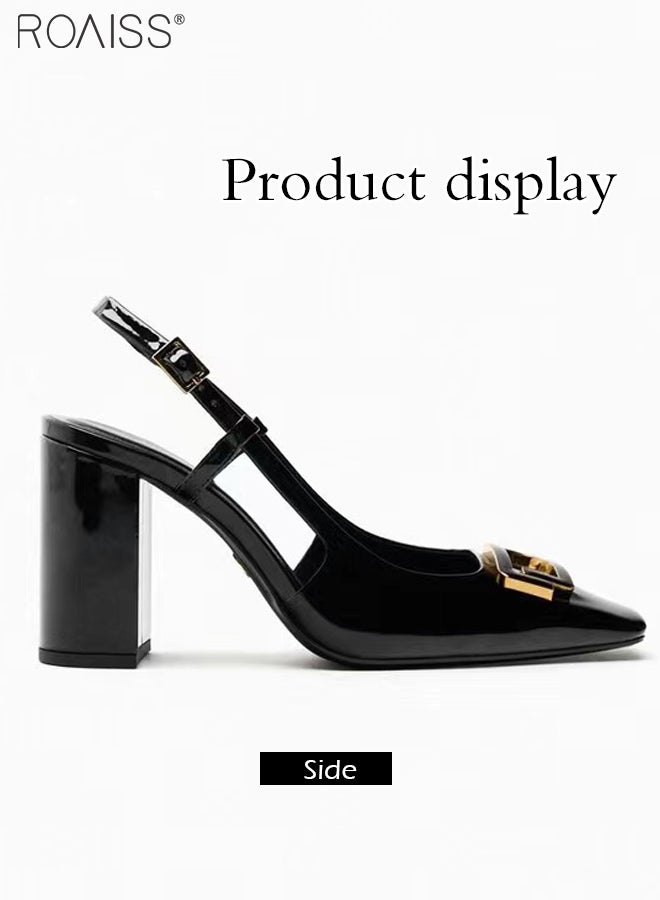 Fashionable Patent Leather Thick Heel High Heels Women'S Daily Commuting Slingback Square Toe Design Summer Thick Heel Sandals