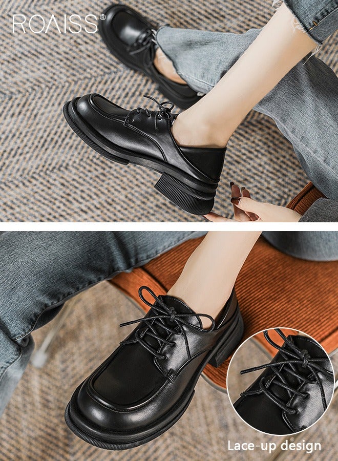 Fashionable Pu Leather Loafers For Women'S Daily Commuting Versatile Thick Soles Adjustable Drawstring Buckles College Style Pumps