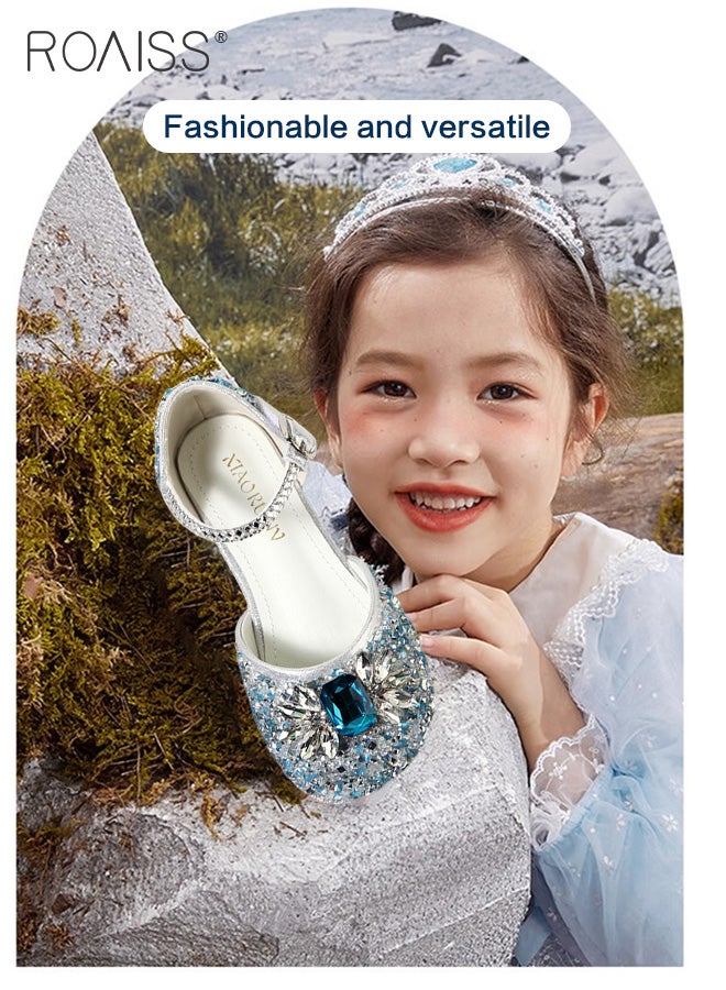 Sequin Rhinestone Princess Sandals Girls Daily Activities Performance Party Flat Shoes Side Hollow Velcro Sandals