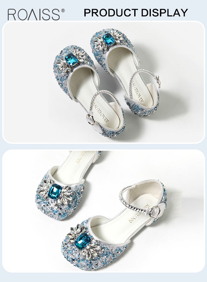 Sequin Rhinestone Princess Sandals Girls Daily Activities Performance Party Flat Shoes Side Hollow Velcro Sandals