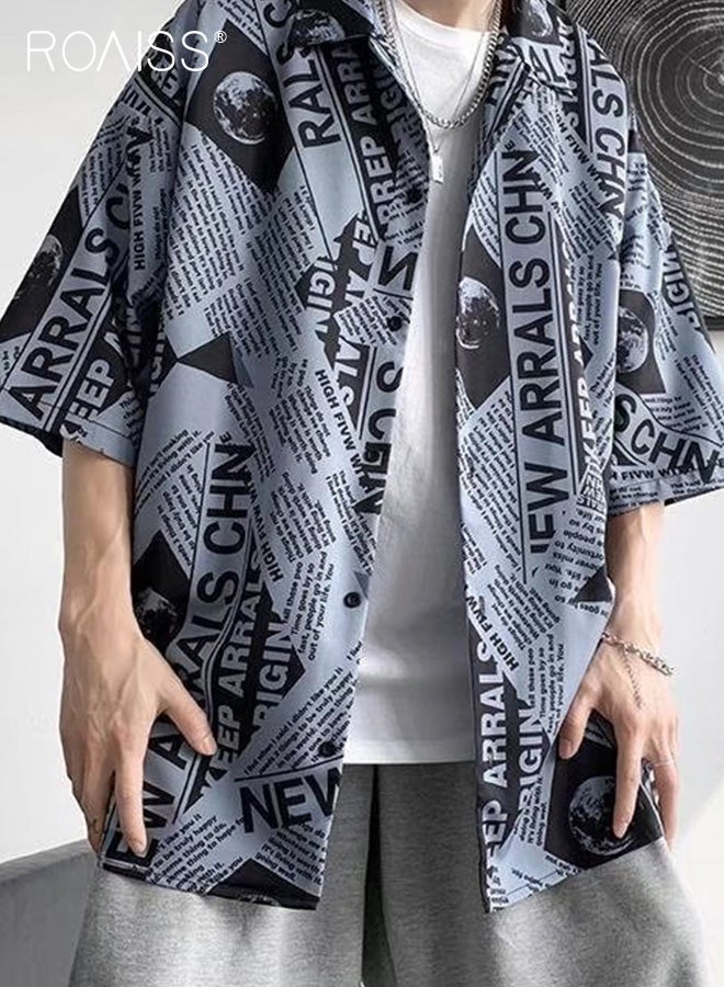 Men Half Sleeve Shirts Newspaper Printing Turn Down Collar Button Closure Casual Blouse