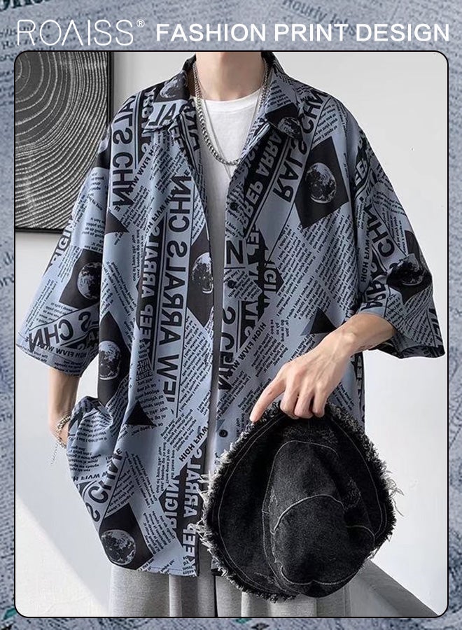 Men Half Sleeve Shirts Newspaper Printing Turn Down Collar Button Closure Casual Blouse