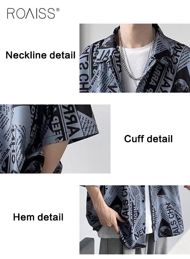 Men Half Sleeve Shirts Newspaper Printing Turn Down Collar Button Closure Casual Blouse