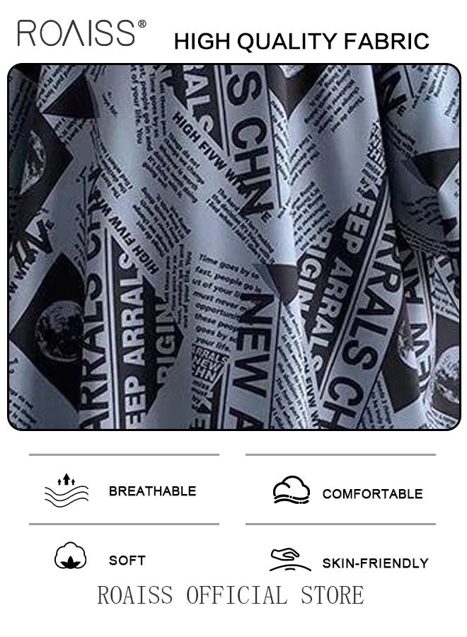 Men Half Sleeve Shirts Newspaper Printing Turn Down Collar Button Closure Casual Blouse