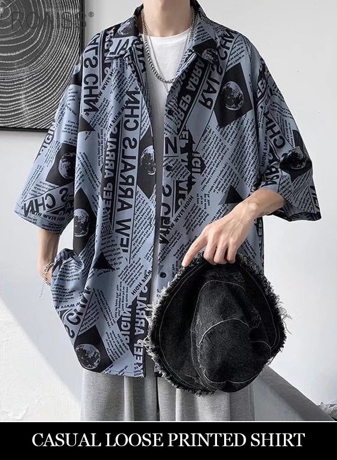 Men Half Sleeve Shirts Newspaper Printing Turn Down Collar Button Closure Casual Blouse