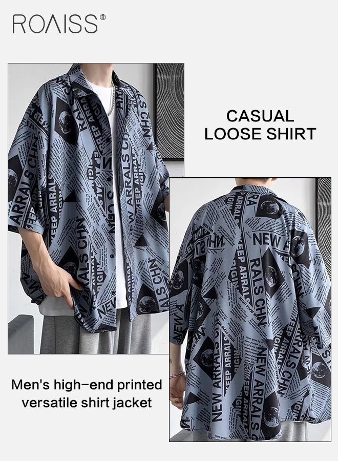 Men Half Sleeve Shirts Newspaper Printing Turn Down Collar Button Closure Casual Blouse