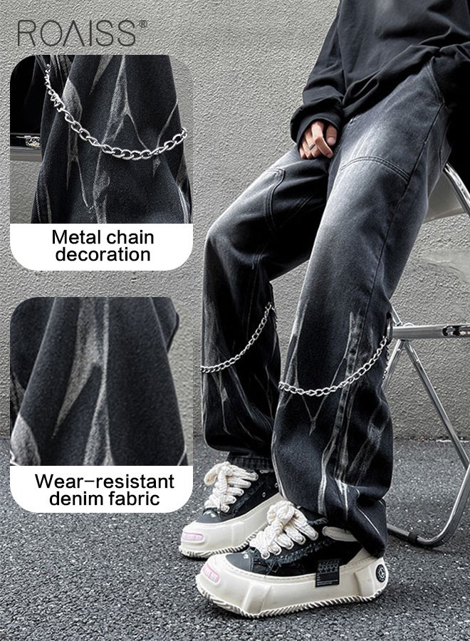 High Street Tie-dye Jeans Chain Decor Straight Denim Pants Men Baggy Fashion Jean Pants Mens Loose Casual Couple Clothing