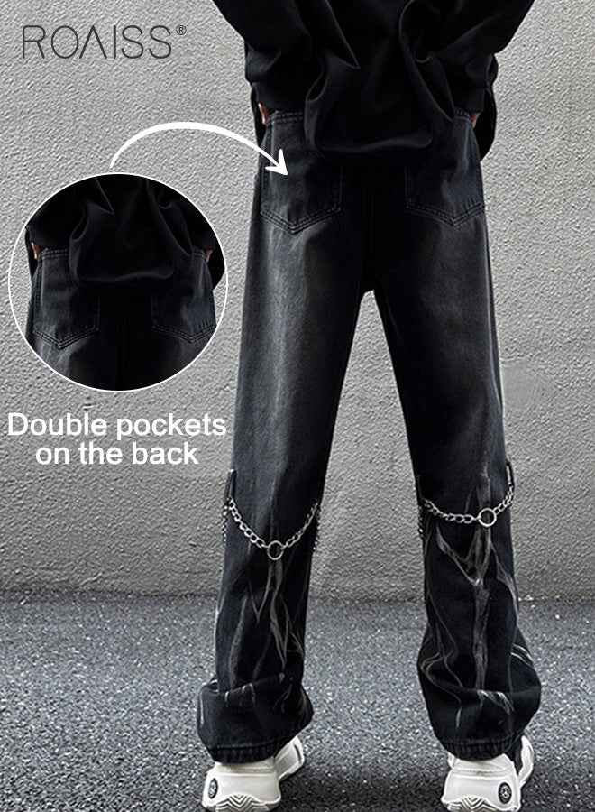 High Street Tie-dye Jeans Chain Decor Straight Denim Pants Men Baggy Fashion Jean Pants Mens Loose Casual Couple Clothing