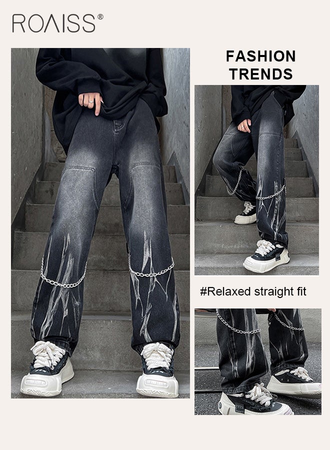High Street Tie-dye Jeans Chain Decor Straight Denim Pants Men Baggy Fashion Jean Pants Mens Loose Casual Couple Clothing