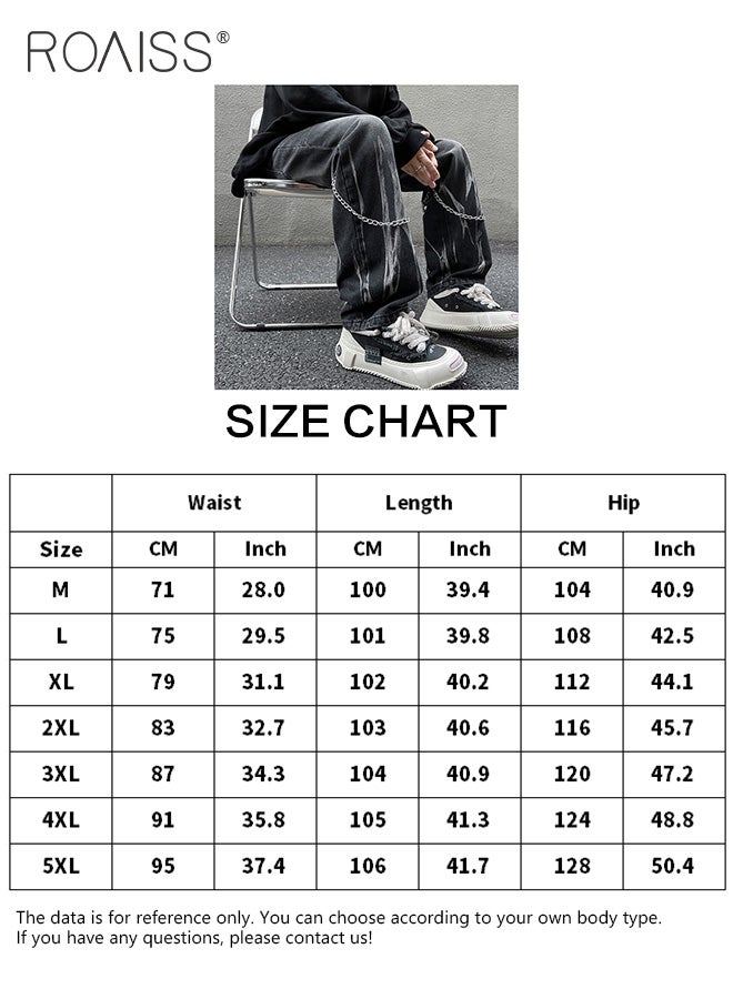 High Street Tie-dye Jeans Chain Decor Straight Denim Pants Men Baggy Fashion Jean Pants Mens Loose Casual Couple Clothing