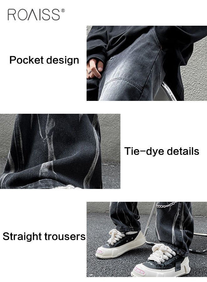 High Street Tie-dye Jeans Chain Decor Straight Denim Pants Men Baggy Fashion Jean Pants Mens Loose Casual Couple Clothing