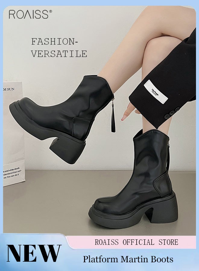 Fashionable And Versatile Martin Boots For Women'S Daily Commuting Thick Sole Thick Heel Short Boots Zipper Closure Waterproof Boots
