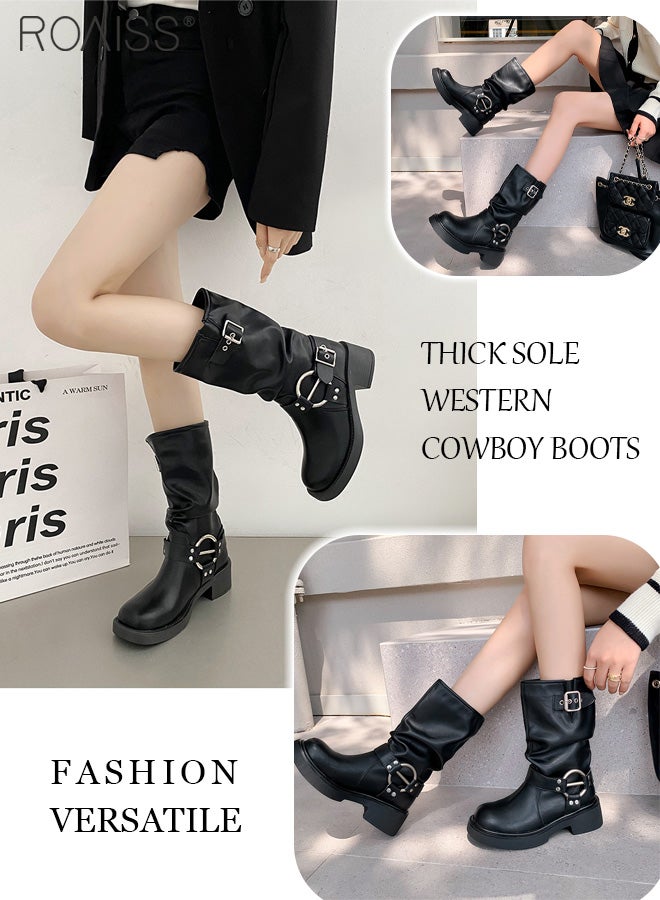 Fashionable Versatile Thick Sole Boots Women'S Daily Commuting Western Denim Calf Boots Metal Decoration Waterproof Boots