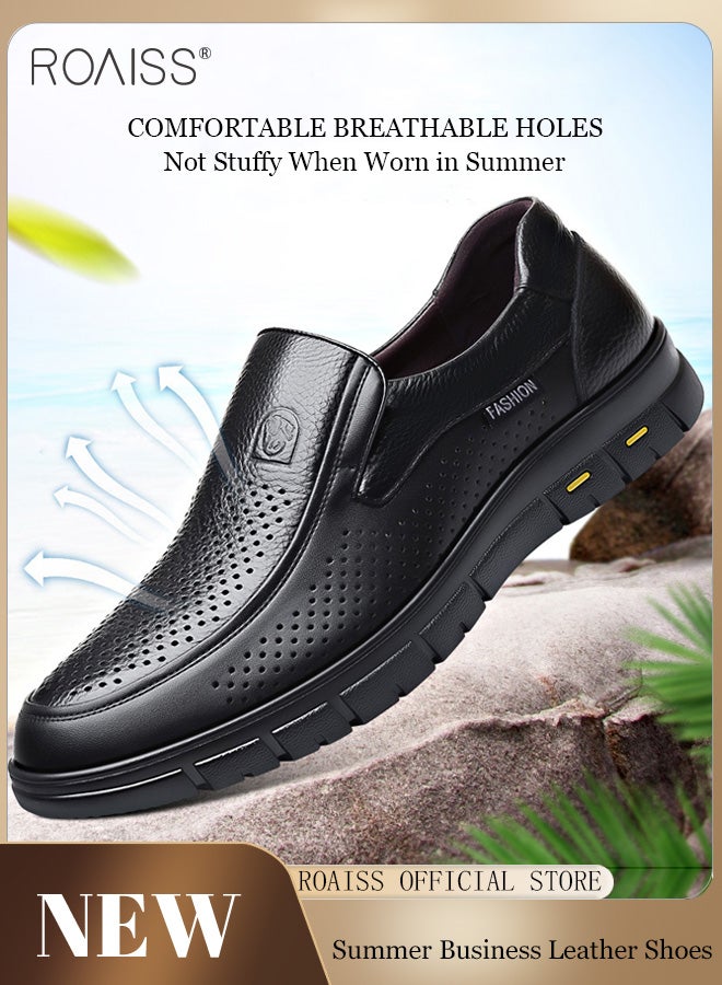 Business Breathable Hollow Leather Shoes For Men'S Daily Commuting Professional Flat Shoes Fashionable Summer Shallow Mouth All-Match Casual Shoes