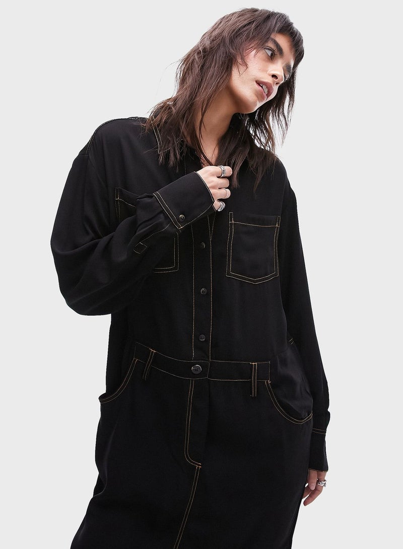 Pocket Detail Button Down Shirt Dress