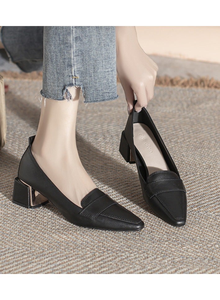 Genuine Leather Simple Versatile Single Shoes Women's New  Chunky Heeled Shoes