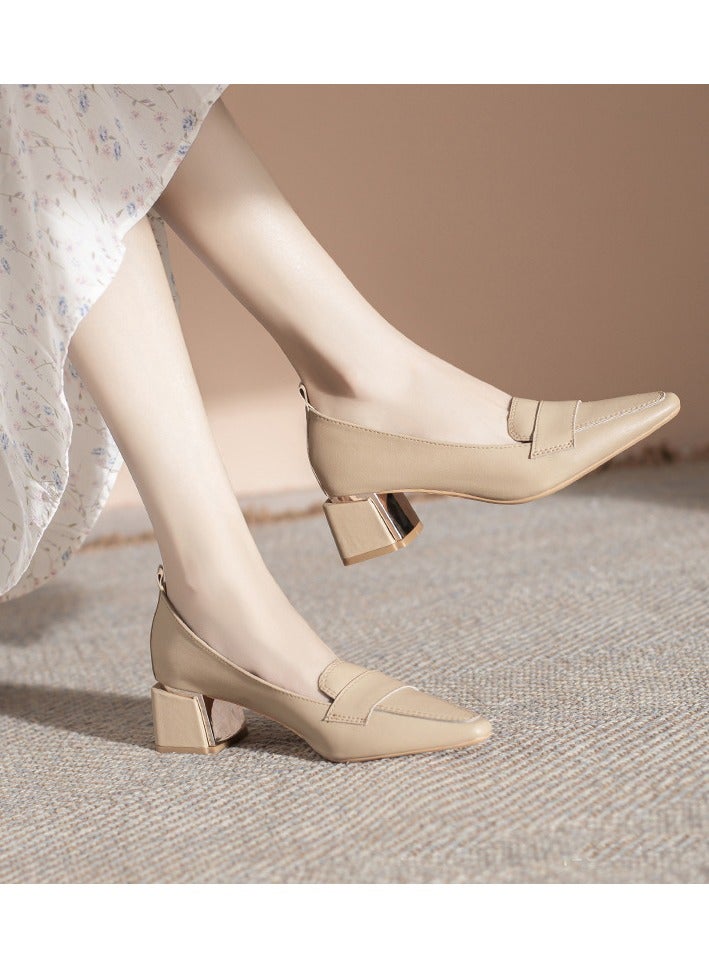 Genuine Leather Simple Versatile Single Shoes Women's New  Chunky Heeled Shoes
