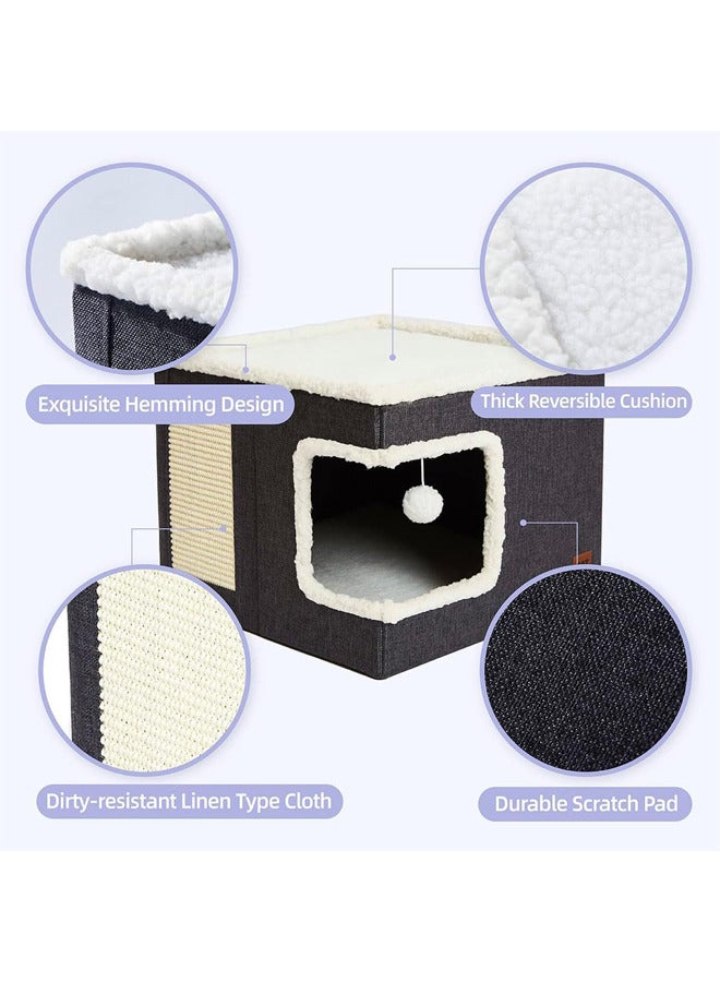 Multifunction Cat House,Large Pet Play House with Fluffy Ball Hanging,Scratch Pad(Corner opening, grey)