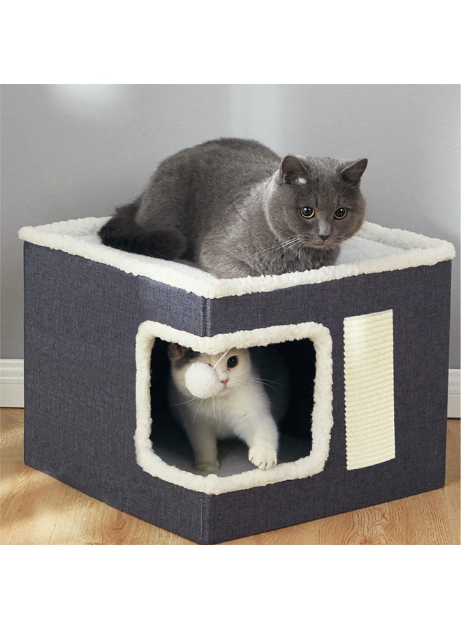 Multifunction Cat House,Large Pet Play House with Fluffy Ball Hanging,Scratch Pad (Corner opening, grey)
