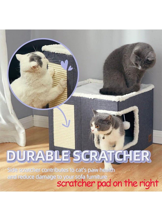 Multifunction Cat House,Large Pet Play House with Fluffy Ball Hanging,Scratch Pad (Corner opening, grey)