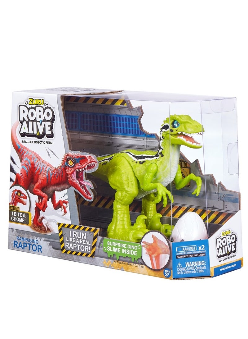 ZURU ROBO ALIVE Rampaging Raptor (Green) Dinosaur Toy with Realistic Dinosaur Movement That Bites and Chomps with Slime in Dino Egg, Robotic Pets for Ages 3+