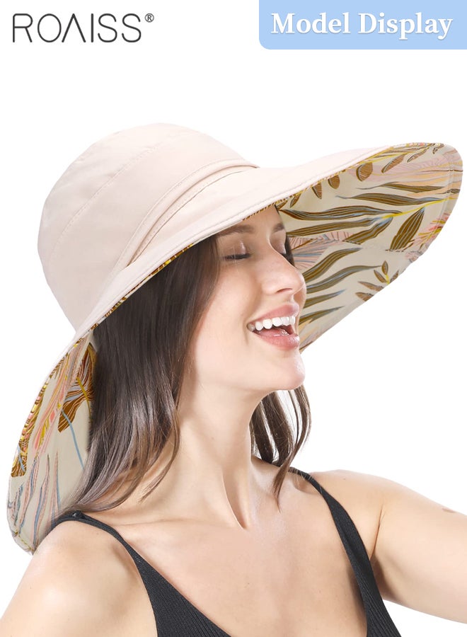 Reversible Portable Wide Brim Bucket Hat with Ponytail Hole Breathable Drawstring Adjustable Sun Protection Soft Leaf Print Hat Women Camping Hiking Fishing Beach Hat