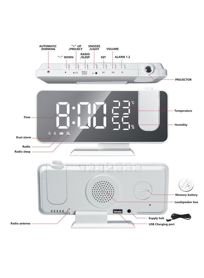 LED Digital Smart Alarm Clock Watch Table Electronic Desktop Clocks USB Wake Up Clock with 180° Time Projection Snooze