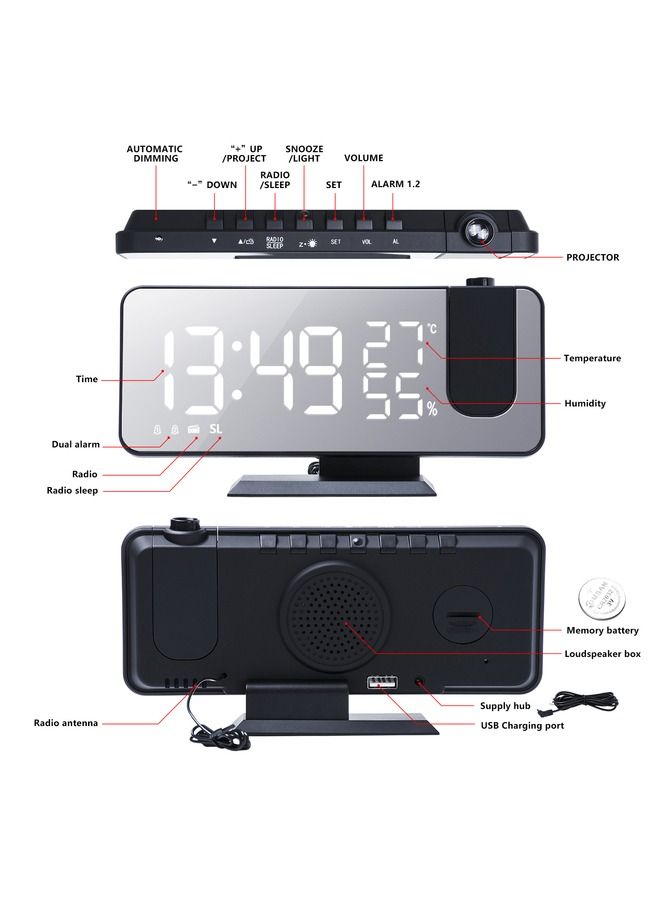 LED Digital Smart Alarm Clock Watch Table Electronic Desktop Clocks USB Wake Up Clock with 180° Time Projection Snooze