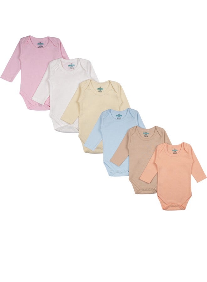 BabiesBasic 100% Super Combed Cotton, Long Sleeves Romper/Bodysuit, for New Born to 24months. Set of 6 - Blue, Orange, Brown, Pink, Lemon, White