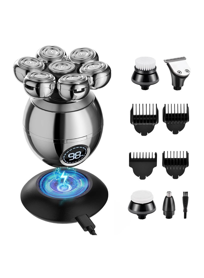 7D Bald Head Shavers for Men, 6 in 1 Wet Dry Electric Shaver for Face and Head, Waterproof Electric Razor for Men with LCD Display, Men's Grooming Kit with Wireless Charging Base